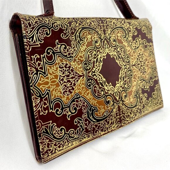 PITTI Italian Mid Century Blood Red Gilt Embossed Leather Clutch Wallet Gorgeous - Picture 2 of 16